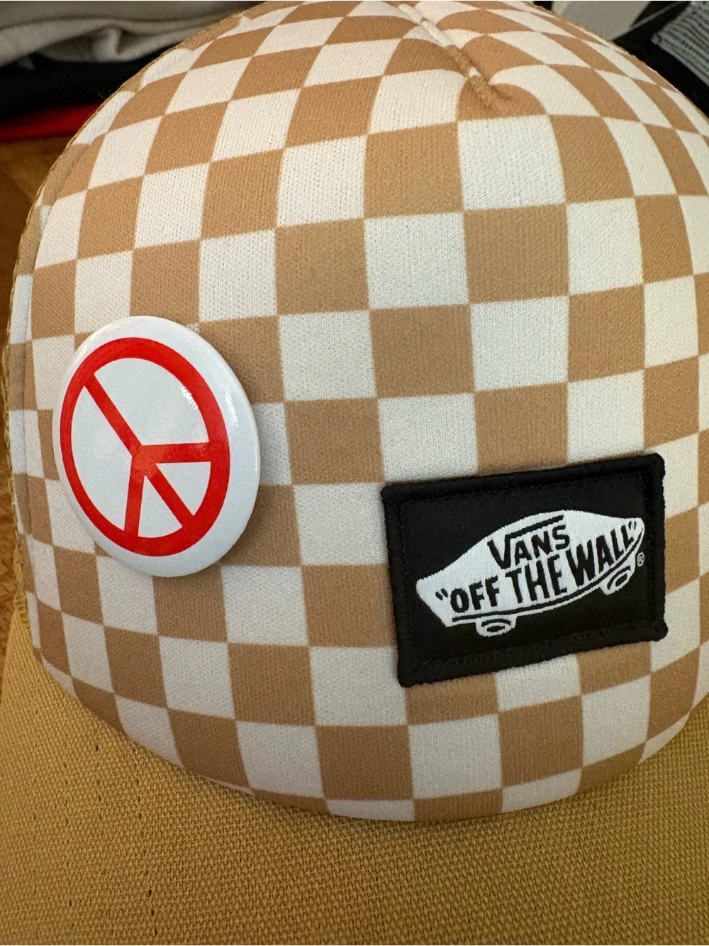 Vans Tan & White Checkerboard Trucker Hat with Peace Pin
